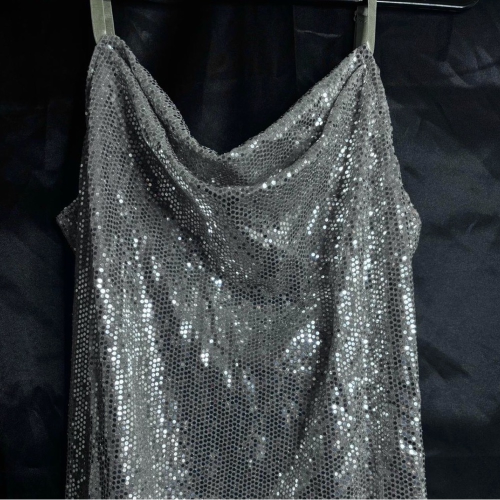 bebe Strapless Silver Sequin Dress